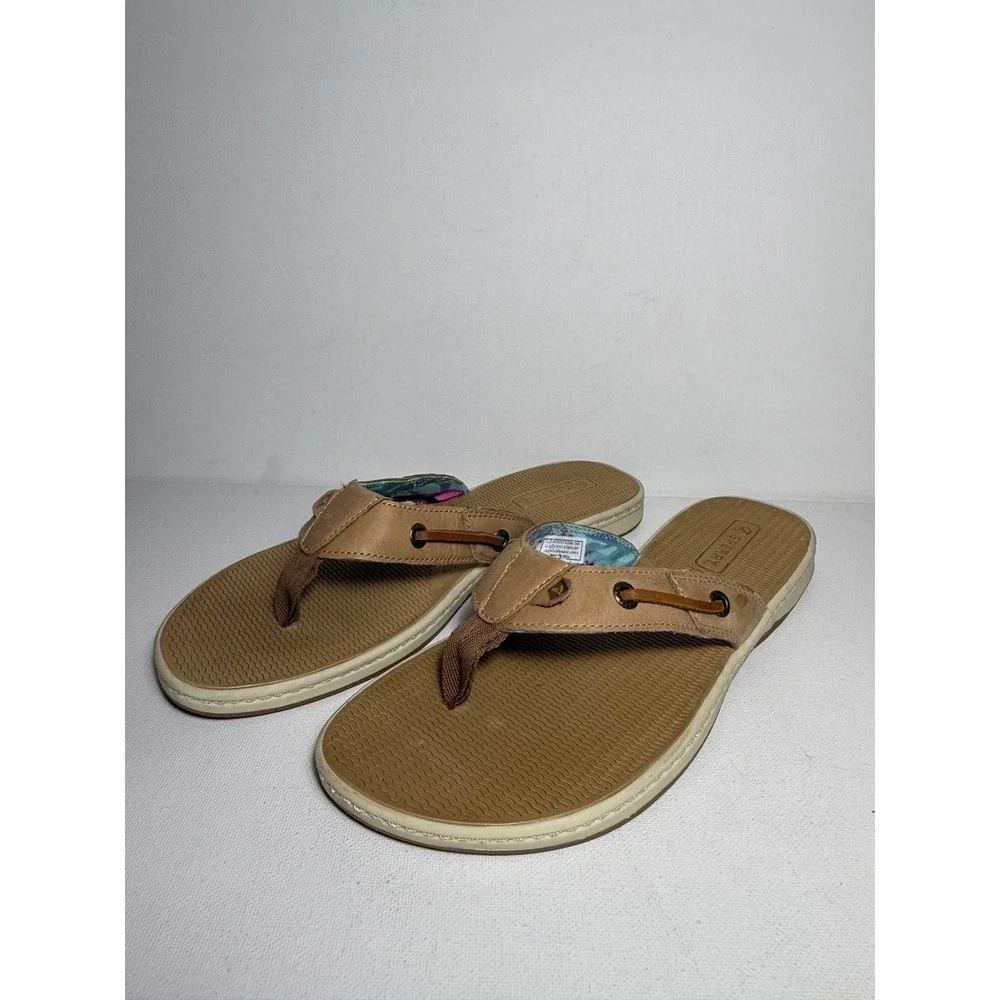 Sperry Top-Sider Women's Tan Leather Flip Flop Sandals Floral STS87294 Size 8M
